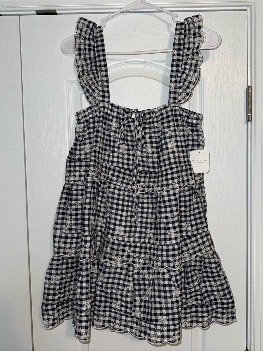 Altar'd State Black & White Gingham Ruffle Strap Mini Dress